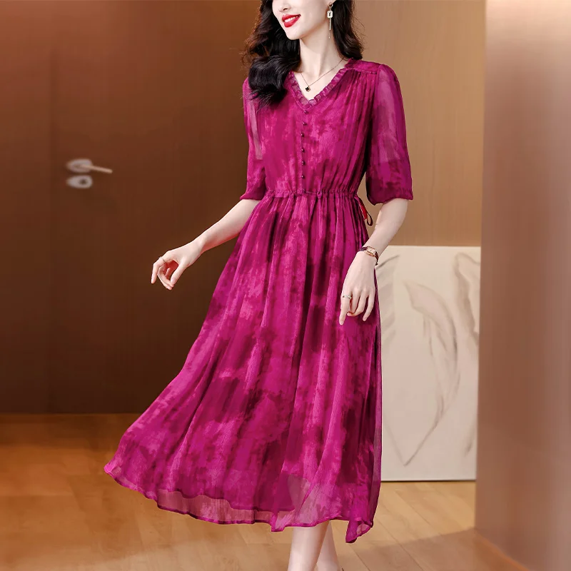 

Красное шелковое платье, новинка весны/лета 2024, женское роскошное платье во французском стиле, высококачественное платье большого бренда из шелка тутового шелкопряда