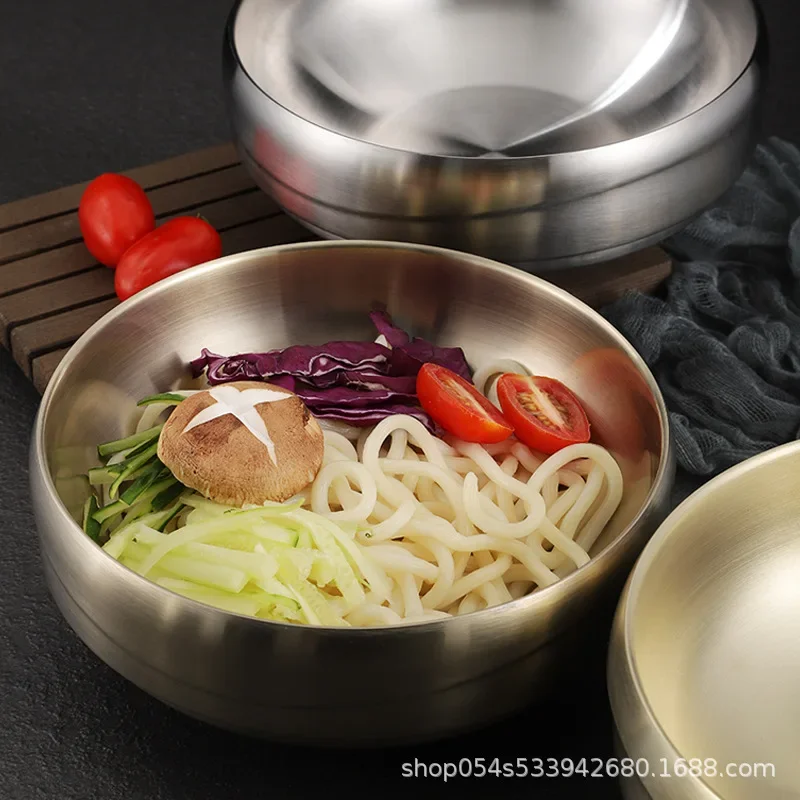Double Layer Stainless Steel Soaked Noodle Bowl Commercial Gold Large Screw Powder Soup Bowl for Japanese and Korean Noodles