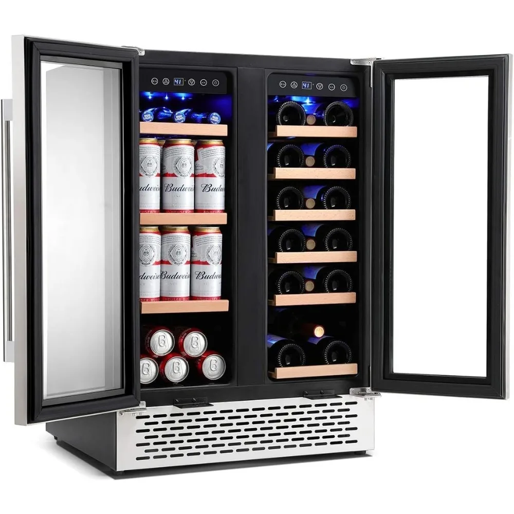 Wine and Beverage Refrigerator 24 inch, Dual Zone Wine Cooler Under Counter Lockable 18 Bottles and 57 Cans Fridge Built