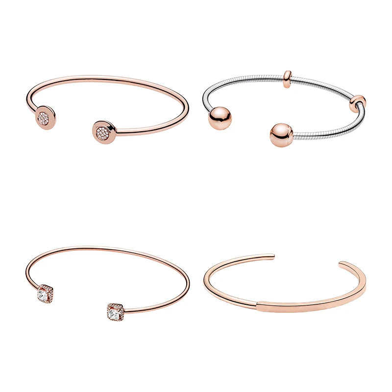 

Silver 925 Original Rose Gold Rigid Wrist Charm Cuff Bracelets Bangles For Women Fine Jewelry Zircon Stones Logo Clasp End Caps