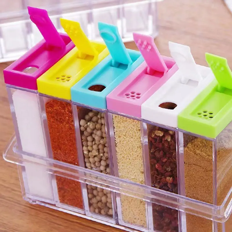 Clear six-compartment seasoning box Kitchen items Salt MSG Pepper Classified storage container seasoning jar salt shaker spices bottle salt pepper shakers salt pepper grinder