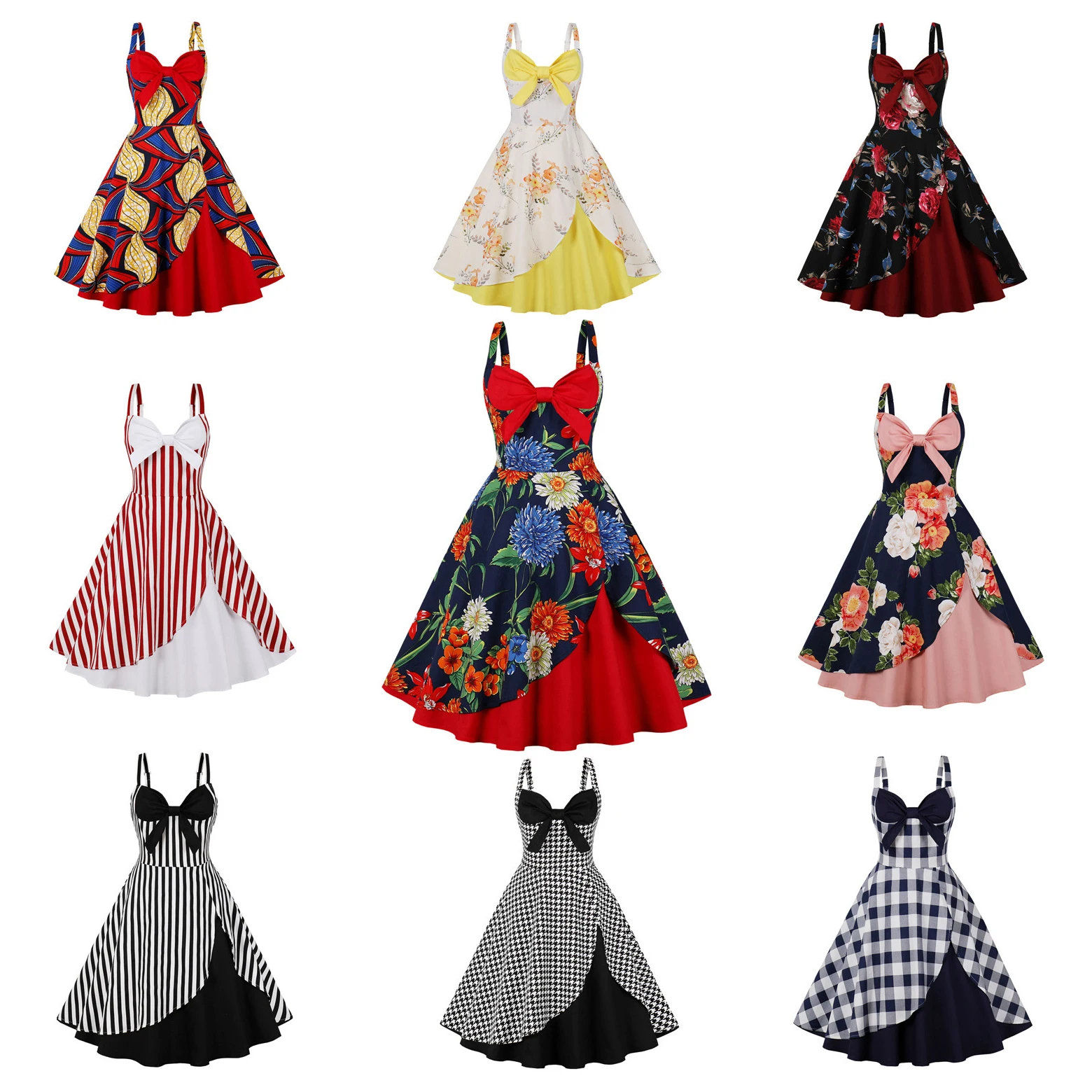 

Women's Audrey Hepburn Style Vintage Floral Patchwork Color Contrast Strap Swing 1950s High Quality Cotton Dress