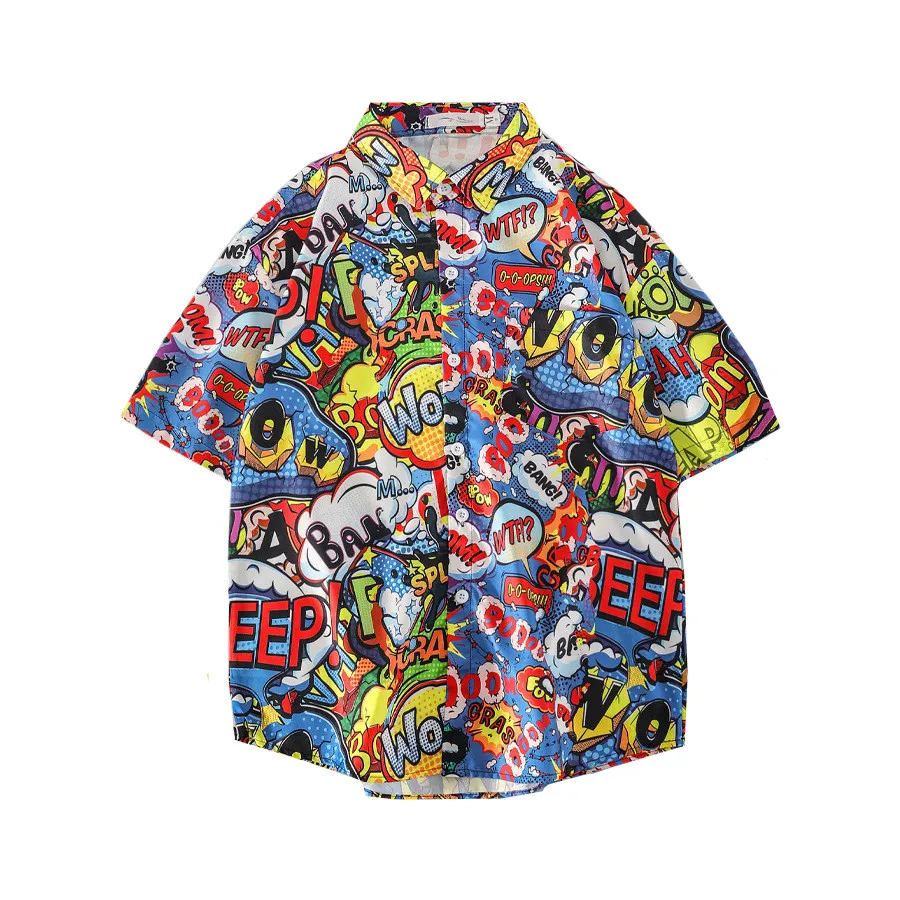 

Mens Cartoon Print Button Up Shirt Summer New Hawaiian Beach Shirts Mens Loose Short Sleeve Floral Shirt Camisa Hawaiana Hombre