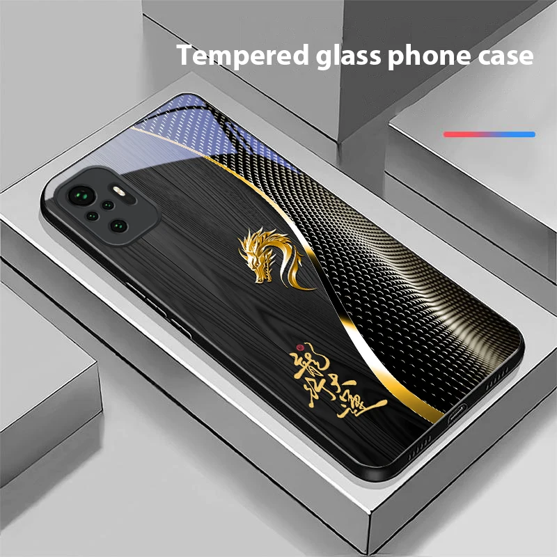 Elegant Black Tempered Glass Phone Case with Traditional Dragon Totem Design