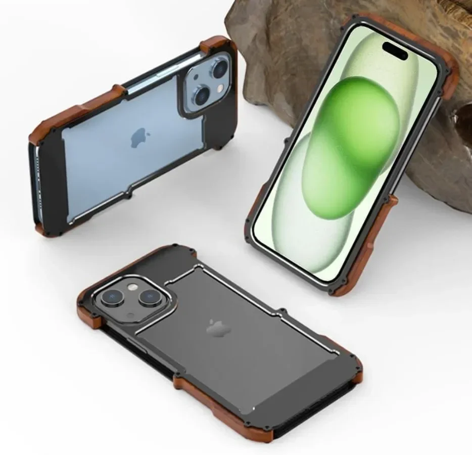 

Aluminum Alloy Metal Iron Wood Bumper Case For iPhone 15 14 Plus 13 12 11 Pro Max X XR Shockproof Dropproof Cover Lens Protector