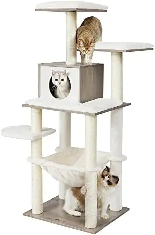 

WoodyWonders Cat Tree, Modern Cat Tower for Indoor Cats, 54.3-Inch Multi-Level Cat Condo, Ultra-Soft Plush, Scratching Posts, Ha