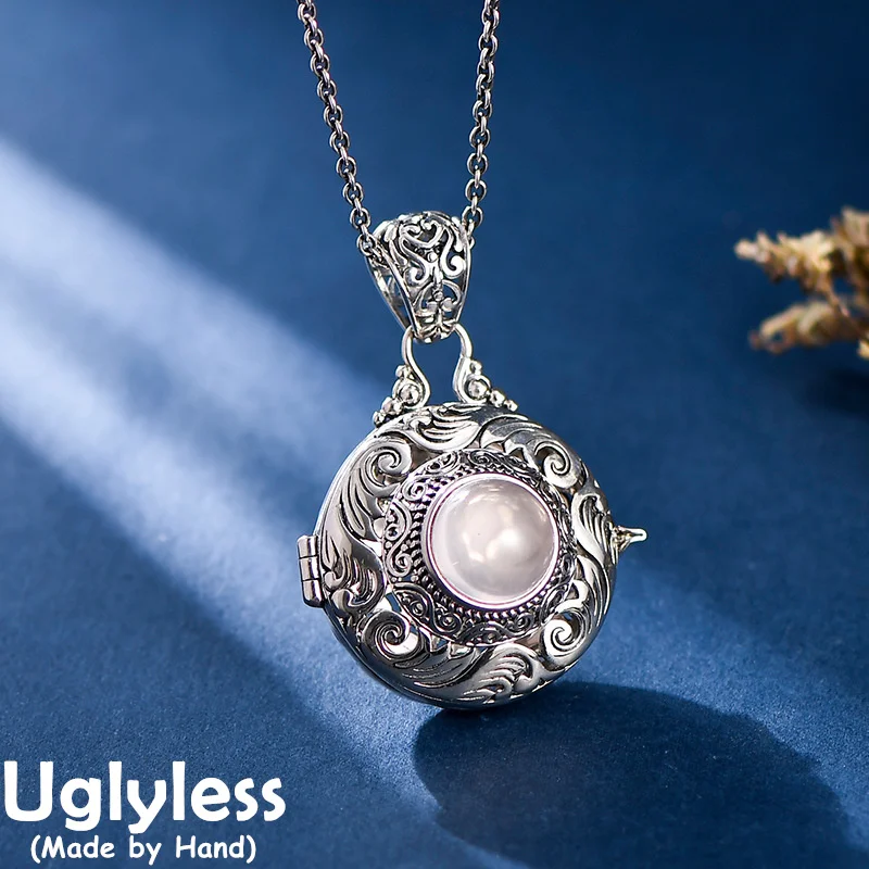 

Uglyless Exotic Openable Sachet Pendants for Women Natural Rose Quartz Crystals Box Necklaces NO Chain 925 Sterling Silver Jewel