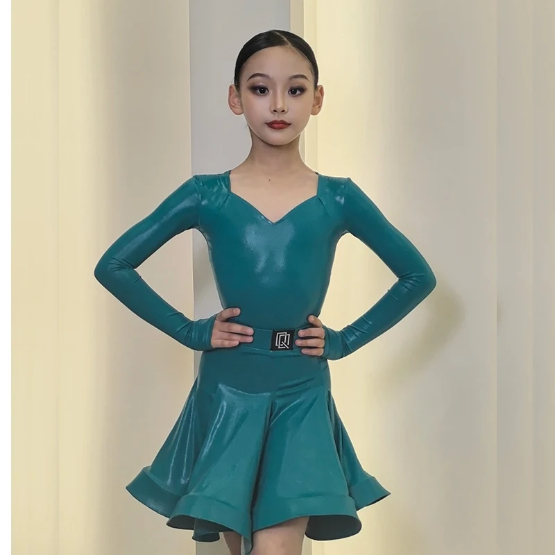 Girls Latin Dance Competition Clothing Glossy Fabric Long Sleeves Dance Dress Kids Cha Rumba Practice Training Wear V22000 dance dress