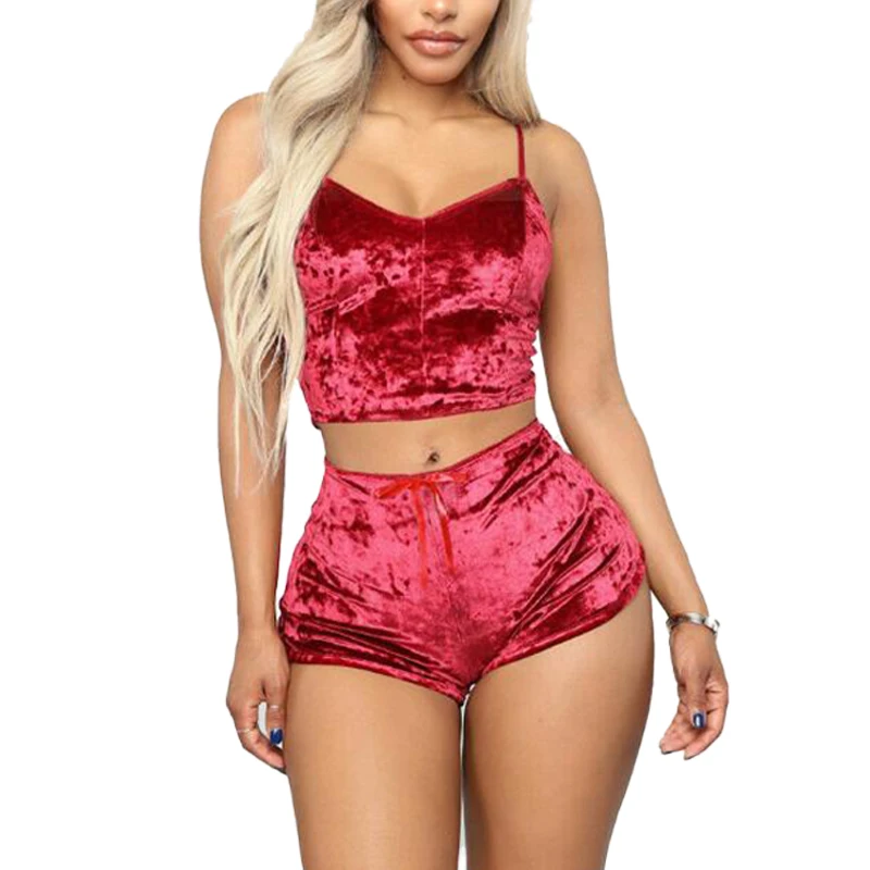 Two Piece Women's Sexy Black Velvet Pajama Set Women's Sleeveless Backless Suspender Top and Shorts Home Pajama Set