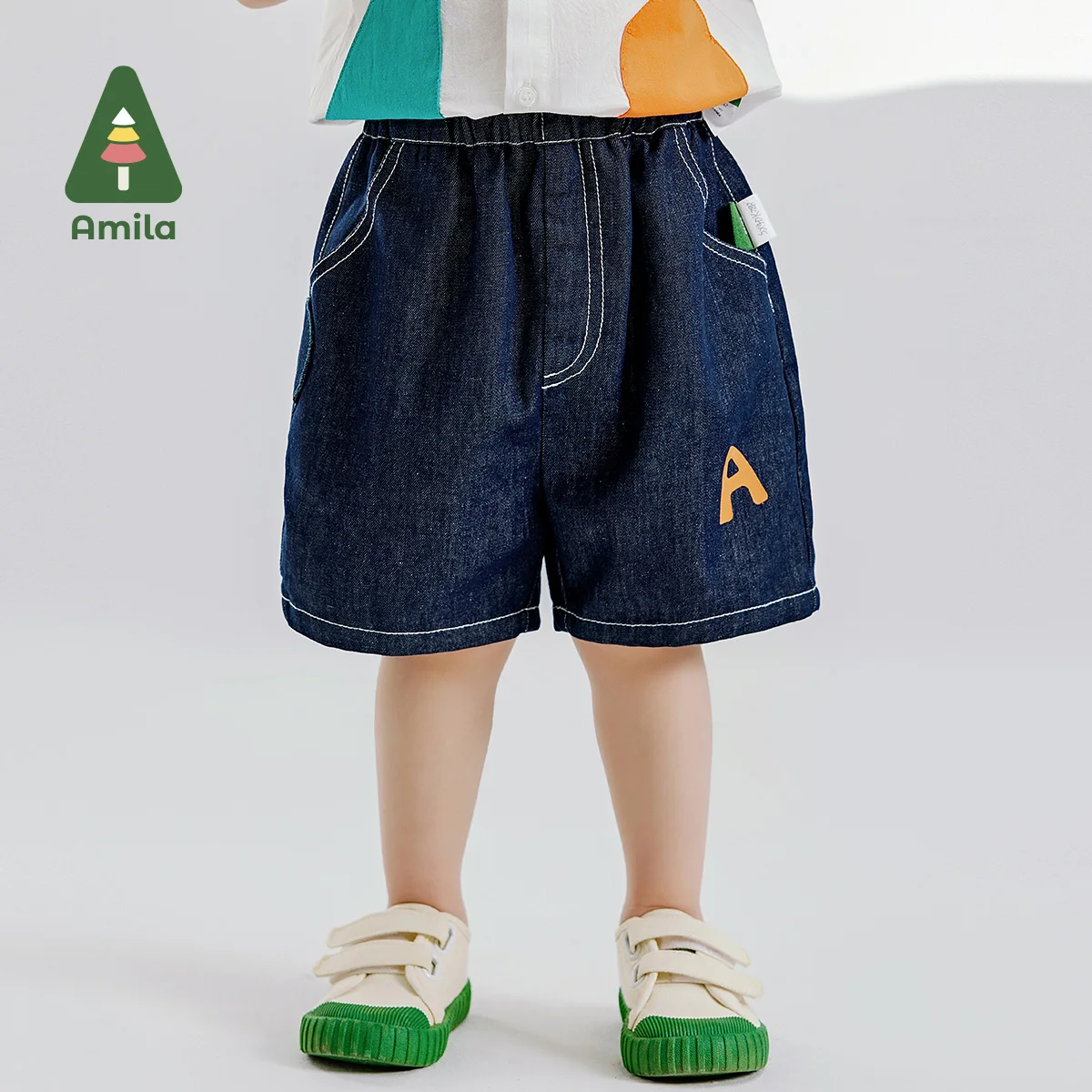 Amila Summer New Boys Bottom Soft Denim Patchwork Cartoon Cat Dark Blue Boutique Breathable Quarter Pants 0-6Y