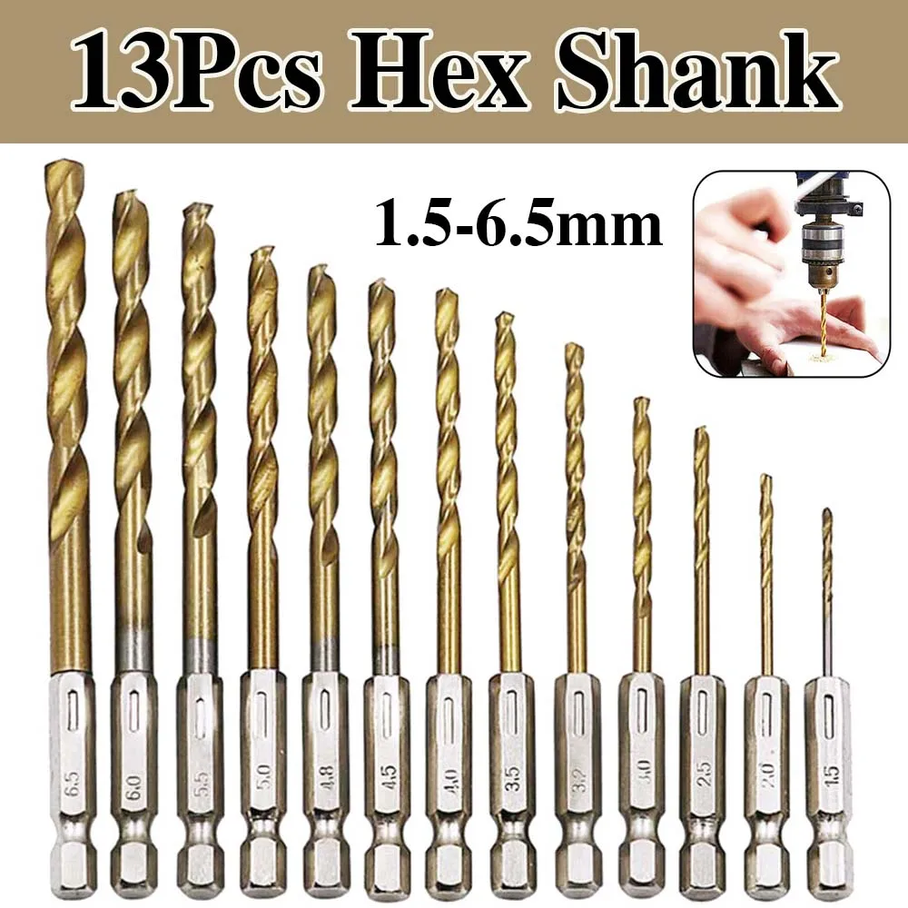13Pcs 1/4 Hex Shank HSS High Speed Steel Titanium Coated Drill Bit Set 1.5-6.5mm Screwdriver Twist Drill Bit Woodworking Tools