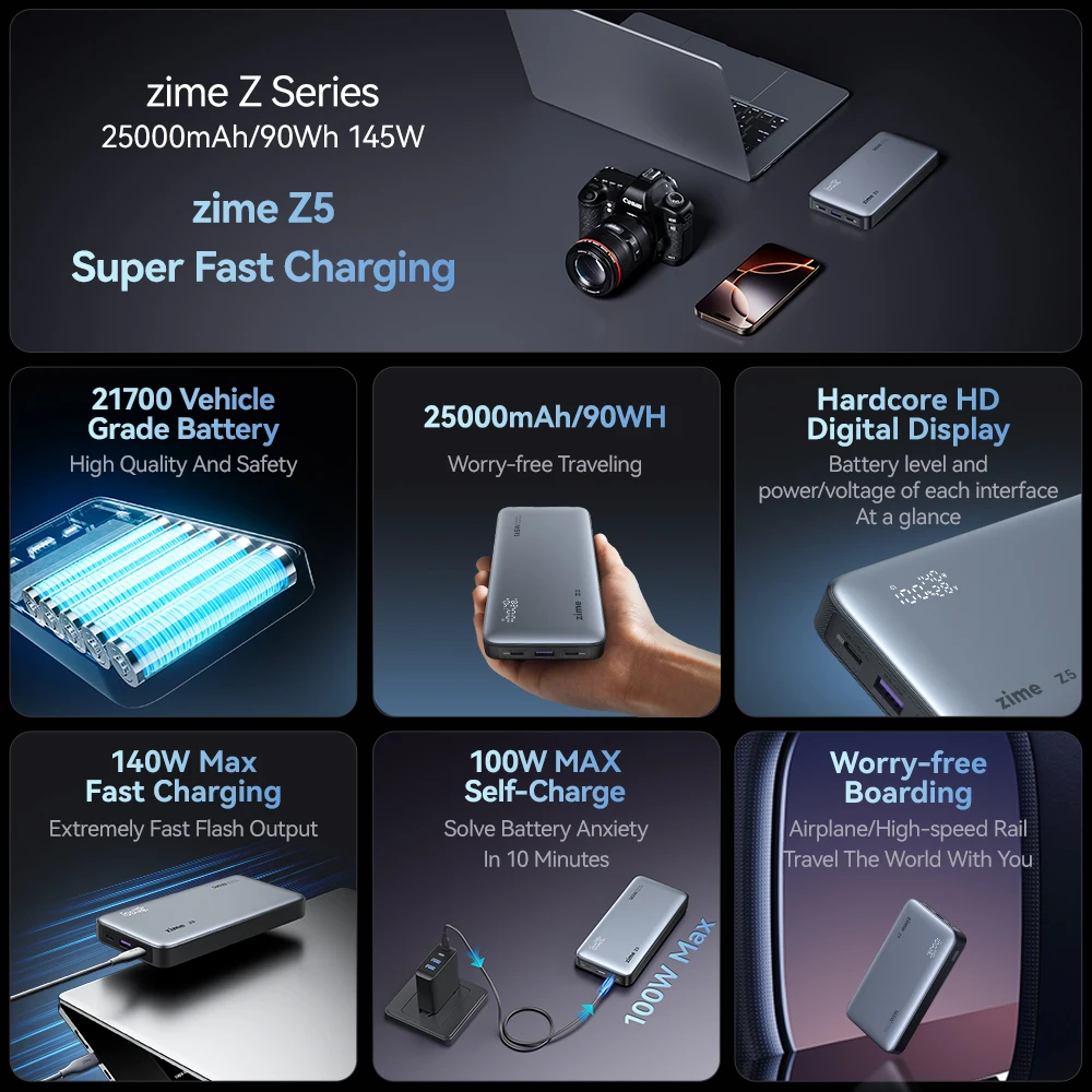 Power Bank 25000mAh 145W 100W Self-Charging Digital Display QC3.0/PD3.0 For Macbook/iPhone/Samsung/Tablet