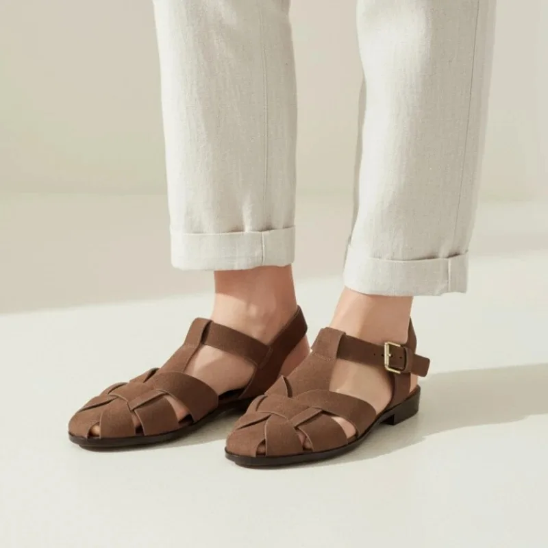 Brown Gladiator For Women 2026 New Summer Retro Woven Closed Toe Flat Sandals Comfort Buckle Strap Shoes_vogvips.com