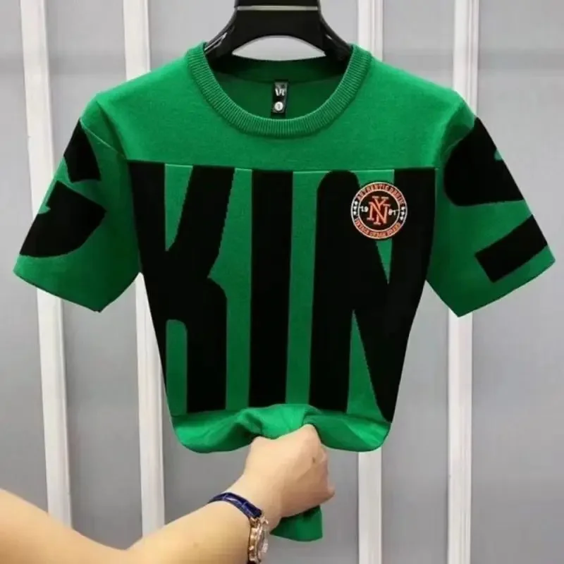 

Рубашка мужская Трикотажная с отложным воротником, модная повседневная сорочка на пуговицах, приталенная, в цветную полоску, весна-лето