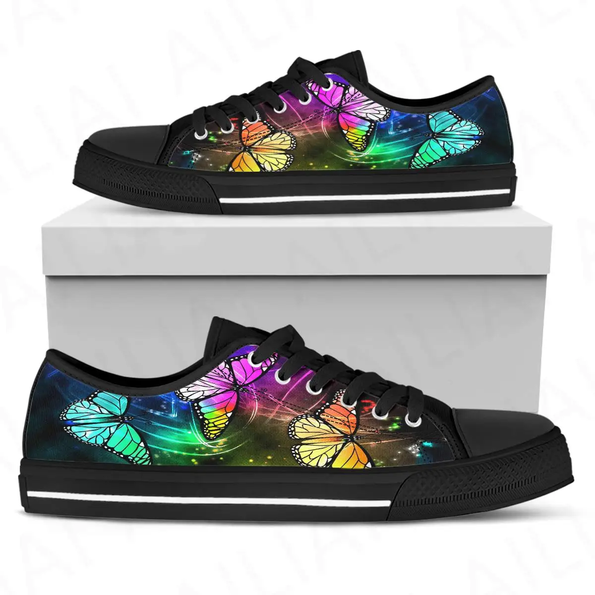 

ELVISWORDS Fashion Iridescent Ombre Butterfly Print Lightweight Lace Up Sneakers Classic Black Soft Sole Casual Shoes Flats