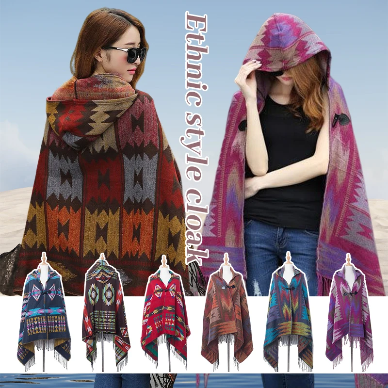 Hot New Women Ladies Tassel Cape Coat Fashion Ethnic Style Print Hooded Cloak Fringe Poncho Festival Bohemian Shawl Windbreaker maikun poncho for women ladies tassel cape coat oblique stripe coat women fashion tassels pashmin bohemian shawl scarf in winter