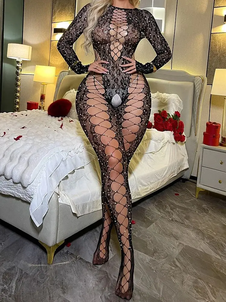 Lace Hollow out Long Sleeve Black Silk Bodysuit with Rhinestones Sexy Style Underwear Tight Fit One-Piece Suit
