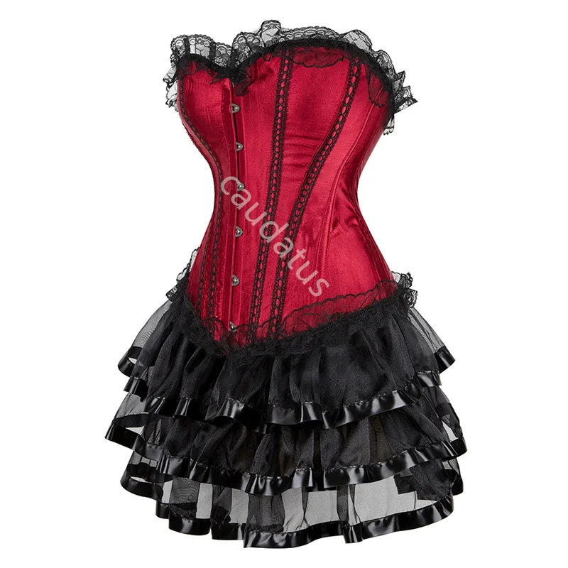 Caudatus Corset Dress Skirts Set Tutu For Women Party Bustiers Costume Sexy Lace Up Vintage Corselet Clothing Red Blalck