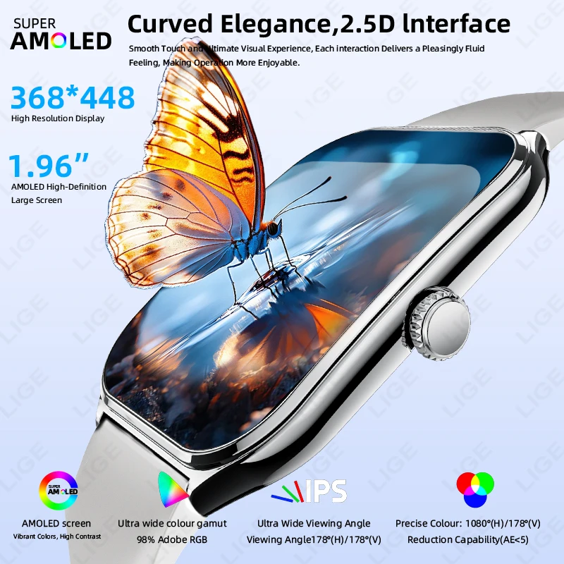 LIGE New Ultra Thin Smart Watch 1.96" AMOLED Always Show Time Men Make Answer Call Sports Fitness Smartwatch Ladies For Huawei