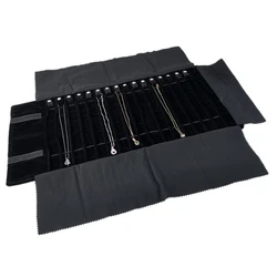 Bolsa de almacenamiento de rollo de joyería de terciopelo portátil, estuche de exhibición de collar, contenedor de joyería de viaje de gran capacidad, negro