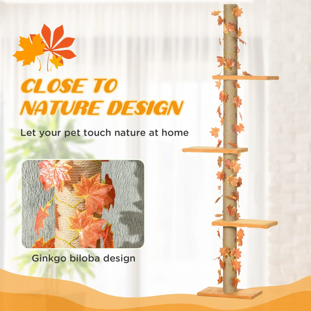Pawhut Floor To Ceiling Cat Tree 80"-95" Adjustable Tall Cat Tower 3-Level Climbing Towe Indoor Sisal Scratching Post Platforms