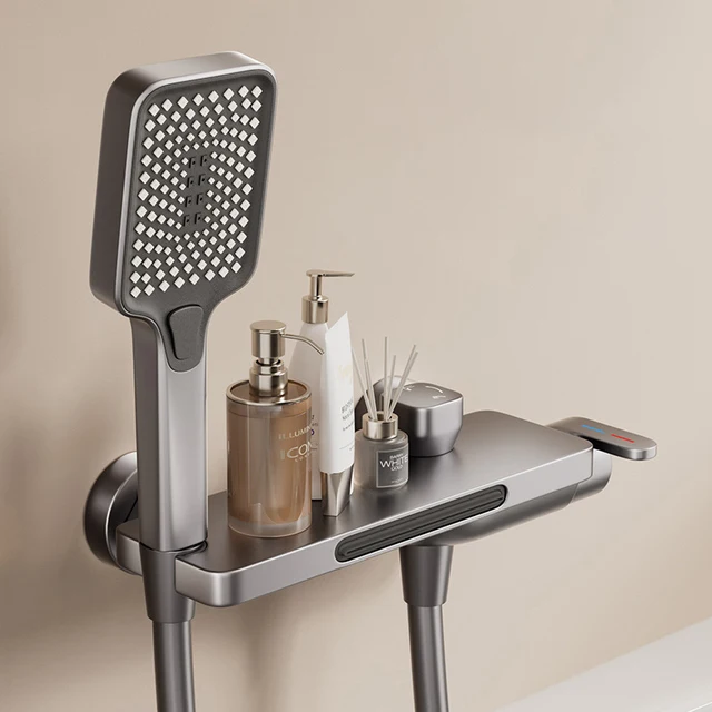 ก๊อกน้ำอ่างอาบน้ำแบบน้ำตกติดผนัง พร้อมฝักบัวอาบน้ำแบบมือถือ ชุดฝักบัวผสมน้ำร้อนน้ำเย็นแบบก้านโยกเดี่ยว 1