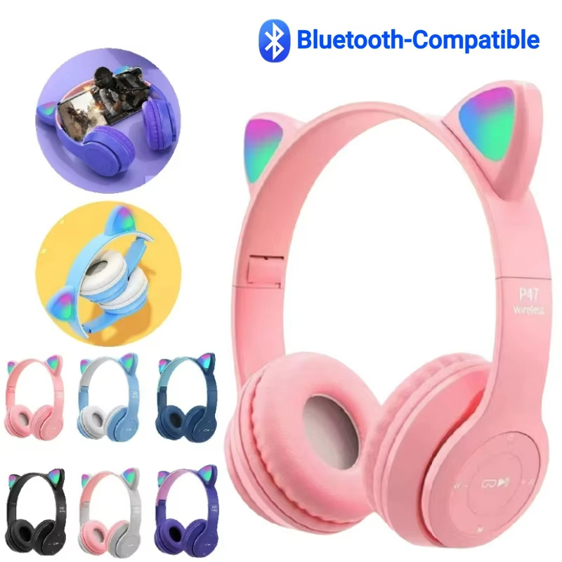 P47M Wireless Headphone Flash Light Cute Cat Bluetooth with HD Mic Control LED Stereo Music Helmet Phone Bluetooth Headset Gift