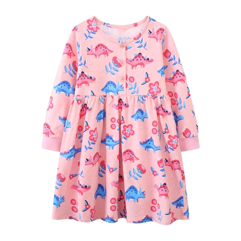 2025 Autumn Spring Children's Clothing Kids Clothes Baby Girls Cartoon Dinosaurs Casual Dress Cotton
