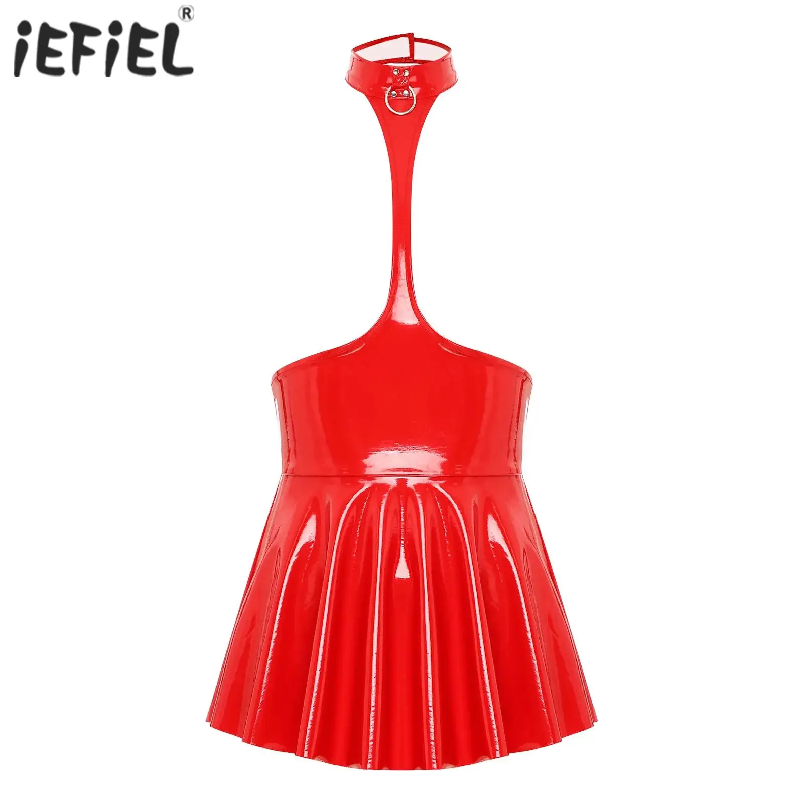 

Womens Open Chest Halter Ruffled Latex Dress Clubwear Wet Look Patent Leather Sleeveless Backless Dresses Lingerie Nightwear