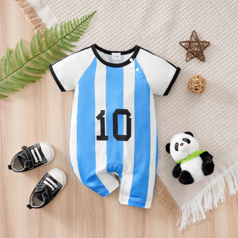 Ropa de Bebé Recién Nacido, Traje de Fútbol a Rayas Azules y Blancas Número 10, Meses, Mono de Verano de Manga Corta para Salir con el Bebé