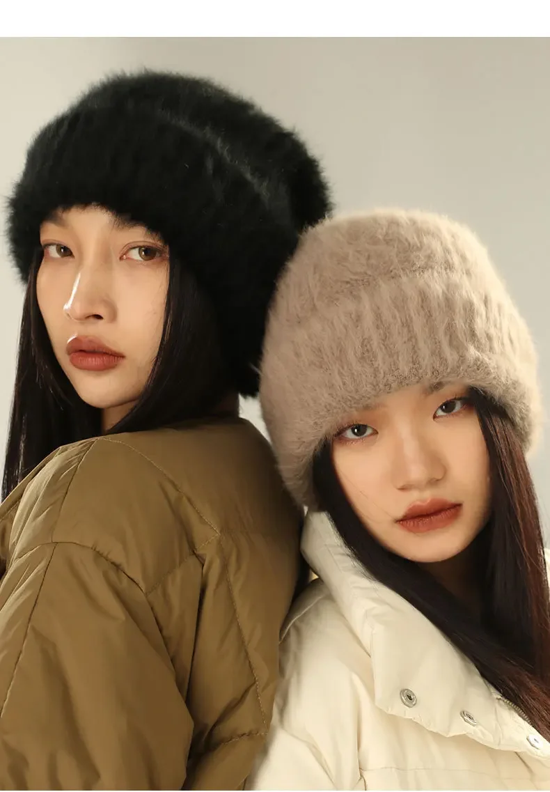Autumn Winter Women's Wool Soft Fur Warm Oversize Knitted Sullies Cap Outdoor Leisure Solid Beanie Hat Bonnet Gorras_voghion.com