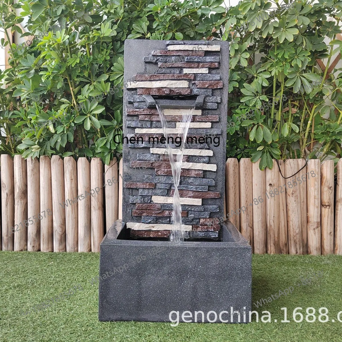수직 삼차원 석재 벽돌 패턴 야외 안뜰 실내 일반 정원 장면 흐르는 물 분수 장..