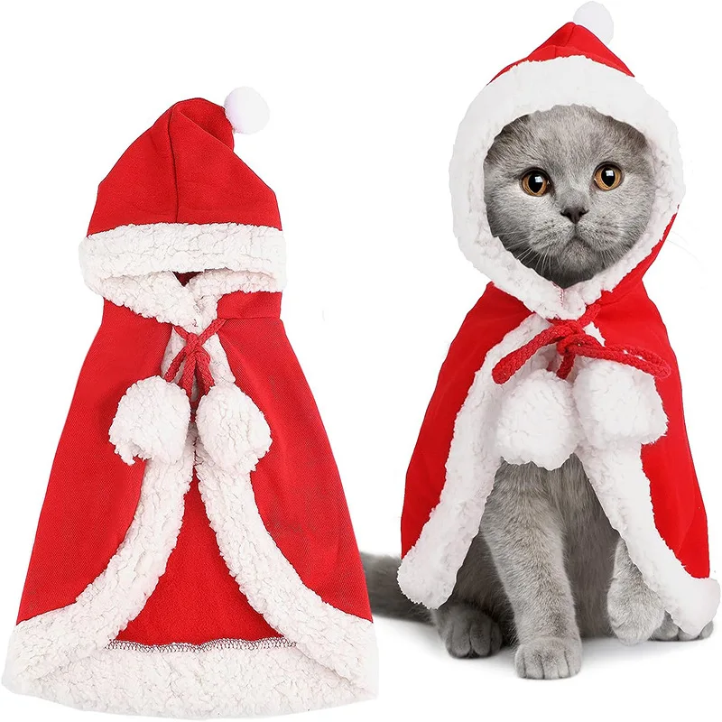 CatCostumeSantaCosplayFunnyTransformedCatDogPetChristmasCapeDressUpClothesRed