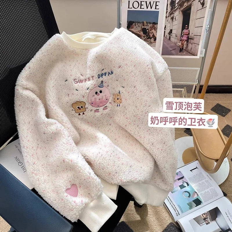 

Lamb Wool Sweatshirt Women's Winter Plus Velvet Embroidery Round Neck Top Plus Size Women's Pullover