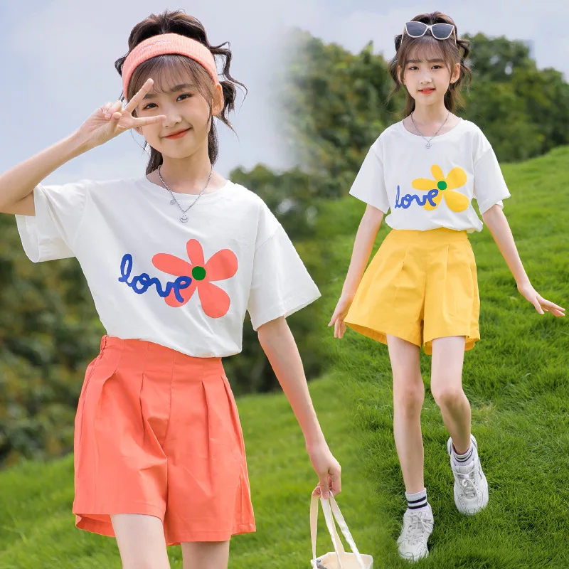 

Korean girls summer clothes sets Elementary Girl Flower Printed T-shirt+Solid Shorts 2pcs School Suit From 4-14 kids shorts suit