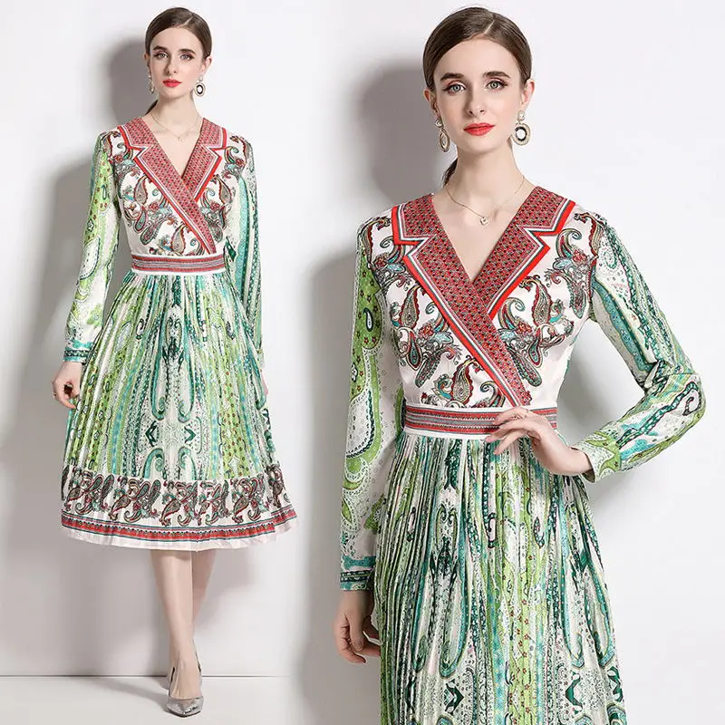 

New Spring Occident All Match Female Leisure Vestidos Trendy V-neck Slim High Waist Big Swing Green Color Floral Pleasted Skirts