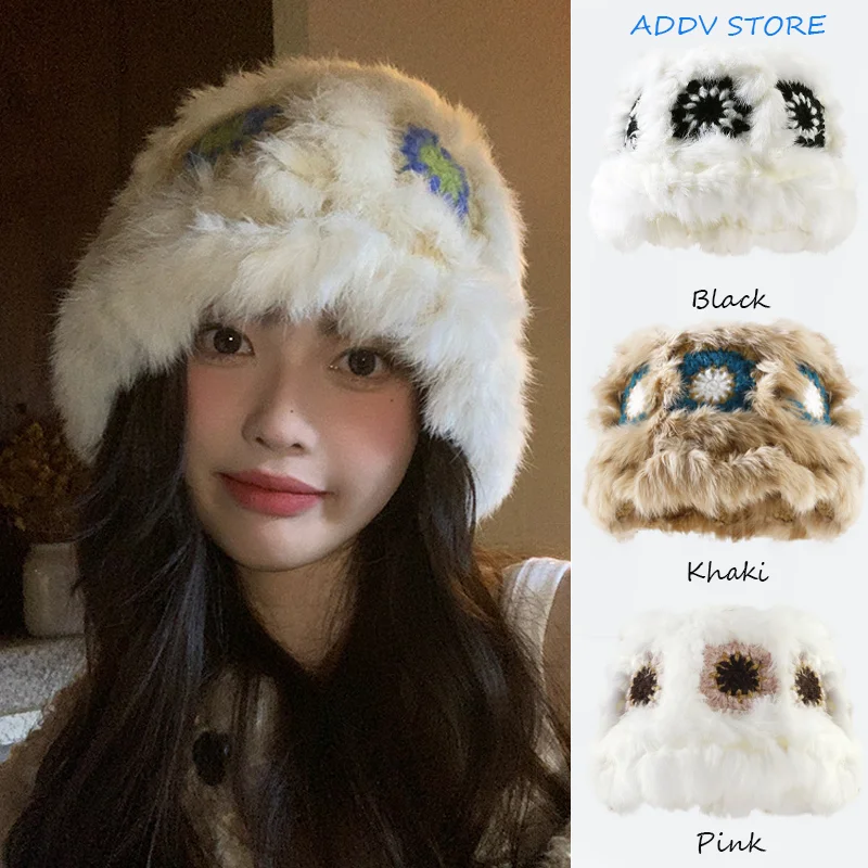 

Y2K Rabbit Fur Lion Hat Woman Winter Cute Furry Tiger Head Hat Chinese Style Knitted Fisherman Hat Bucket Hat
