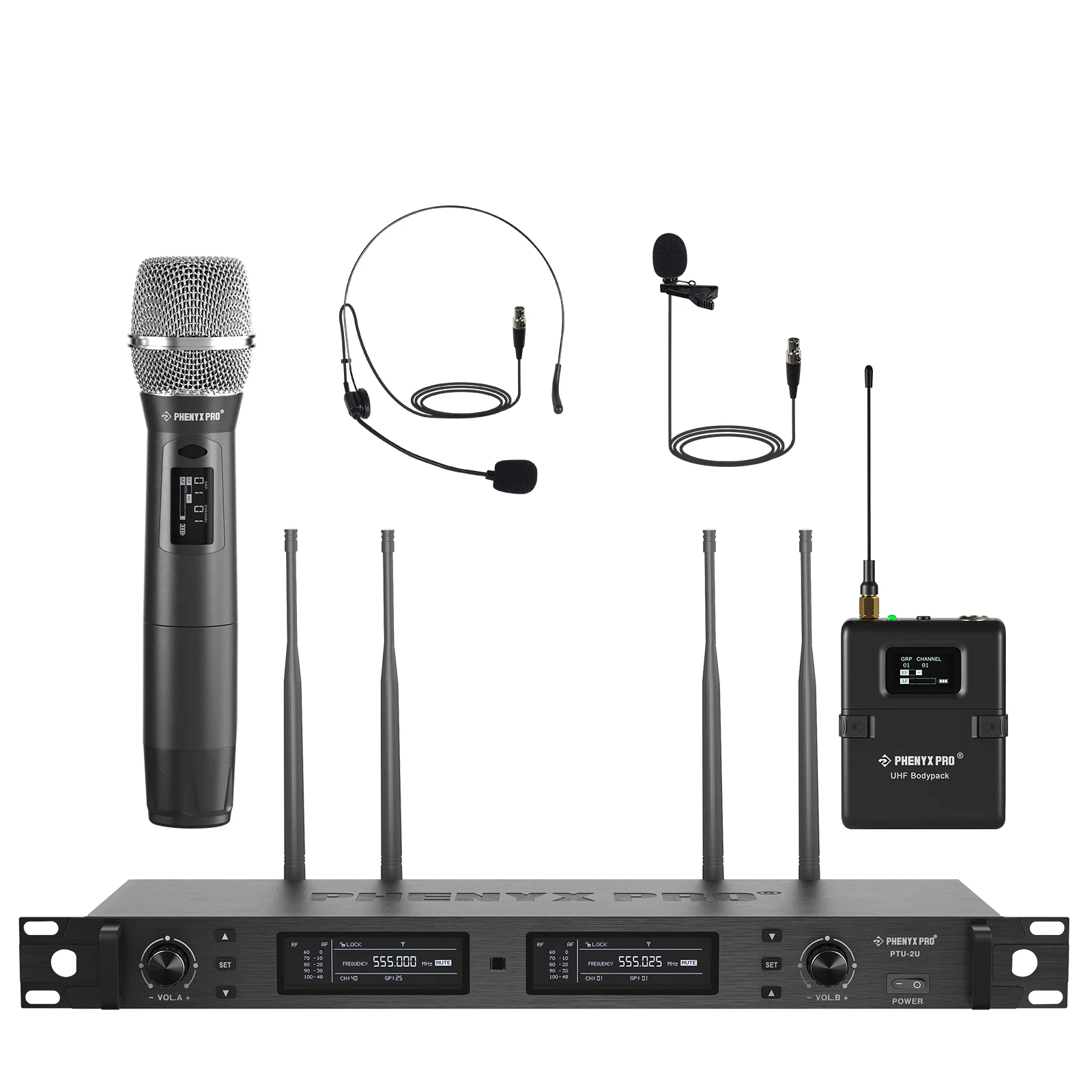 

Phenyx Pro Wireless Microphone System, True Diversity Dual Cordless Mic Set w/ Auto Scan, 2x1000 UHF Channels (PTU-2U-1H1B)