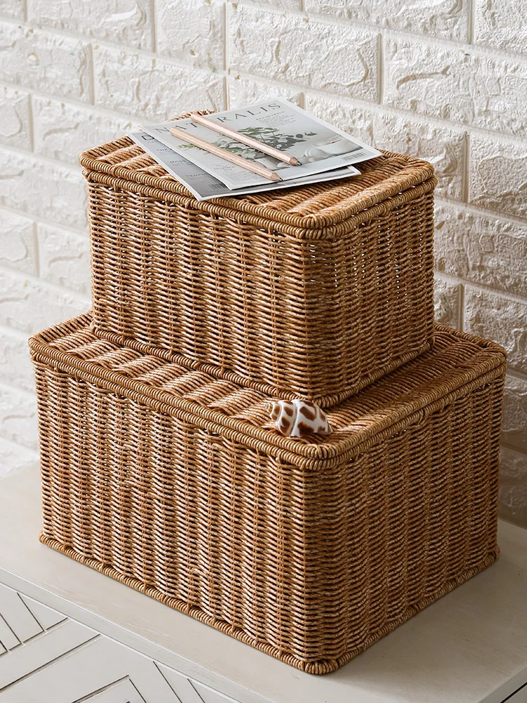 

Rattan woven storage box Bedroom with cover clothing cabinet organizer Household debris storage box