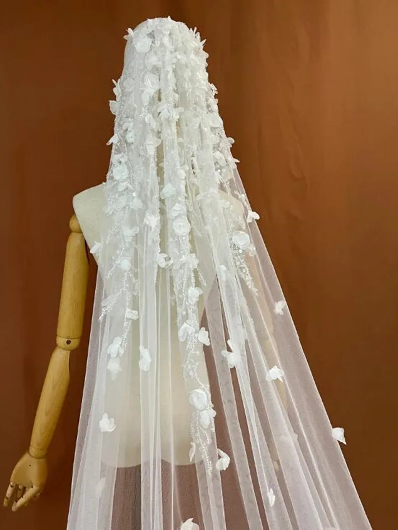 Romantic Floral Wedding Veil Flowers Veil with Comb One Layer 3 Meters Long Bridal Veil Cathedral Voile De Mariage Velo De Boda
