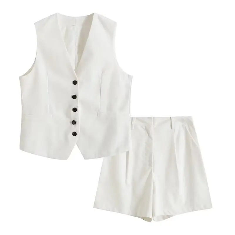Retro Linen Office Lady Women Suits V Neck Vest Blazer Commuter Wide Leg Shorts Fashion 2024 Summer Vintage 2 Piece work clothes