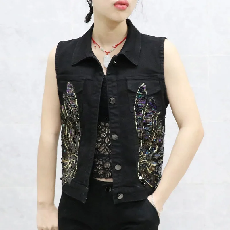 Korean Fashion Denim Vest Women 2023 New Spring Summer Coats Sequined Sleeveless Short Jacket Female Jean Waistcoat Outerwear
