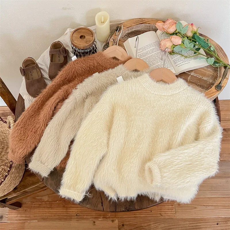 

Girls' Mink Sweater Pullover Autumn and Winter Baby Knitted Inner Match Western Style Shirt Children Autumn and Winter