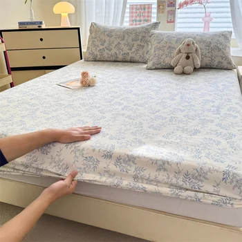 1pc Floral Fitted Bed Sheet Flower Printed Washed Cotton Bed Sheet with Elastic Single/Queen/King Size Bed Fitted Sheets 2