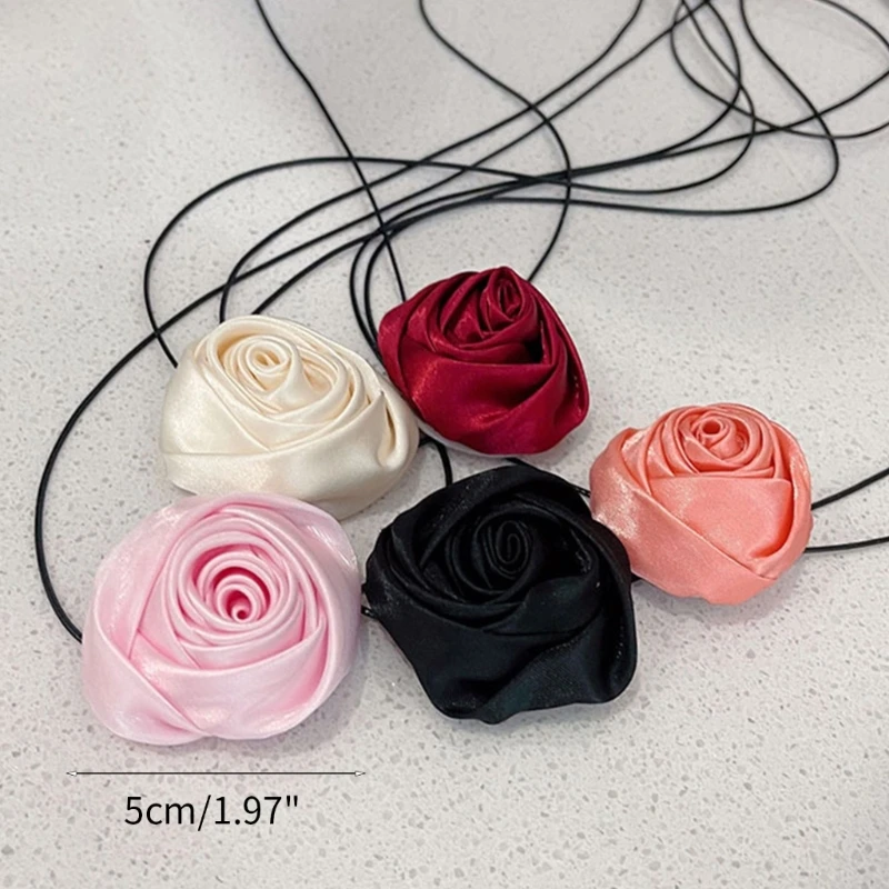 Fashion Vintag Silk Rose Flower Choker Necklace Jewelry Women Clavicle Chain Necklace Temperament Long Lace-up Neck Chain