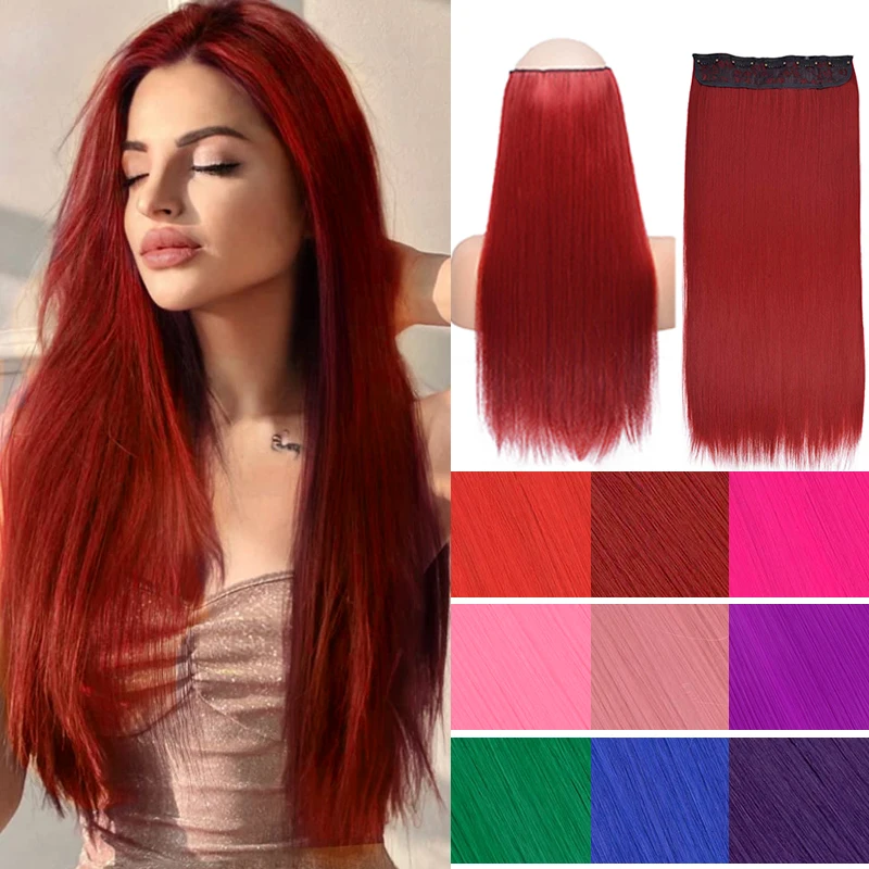 22 Inch Synthetic One Piece 5 Clips Natural Hair Extensions Long Straight High Temperature Fiber Black White Red Hairpiece  BUDA