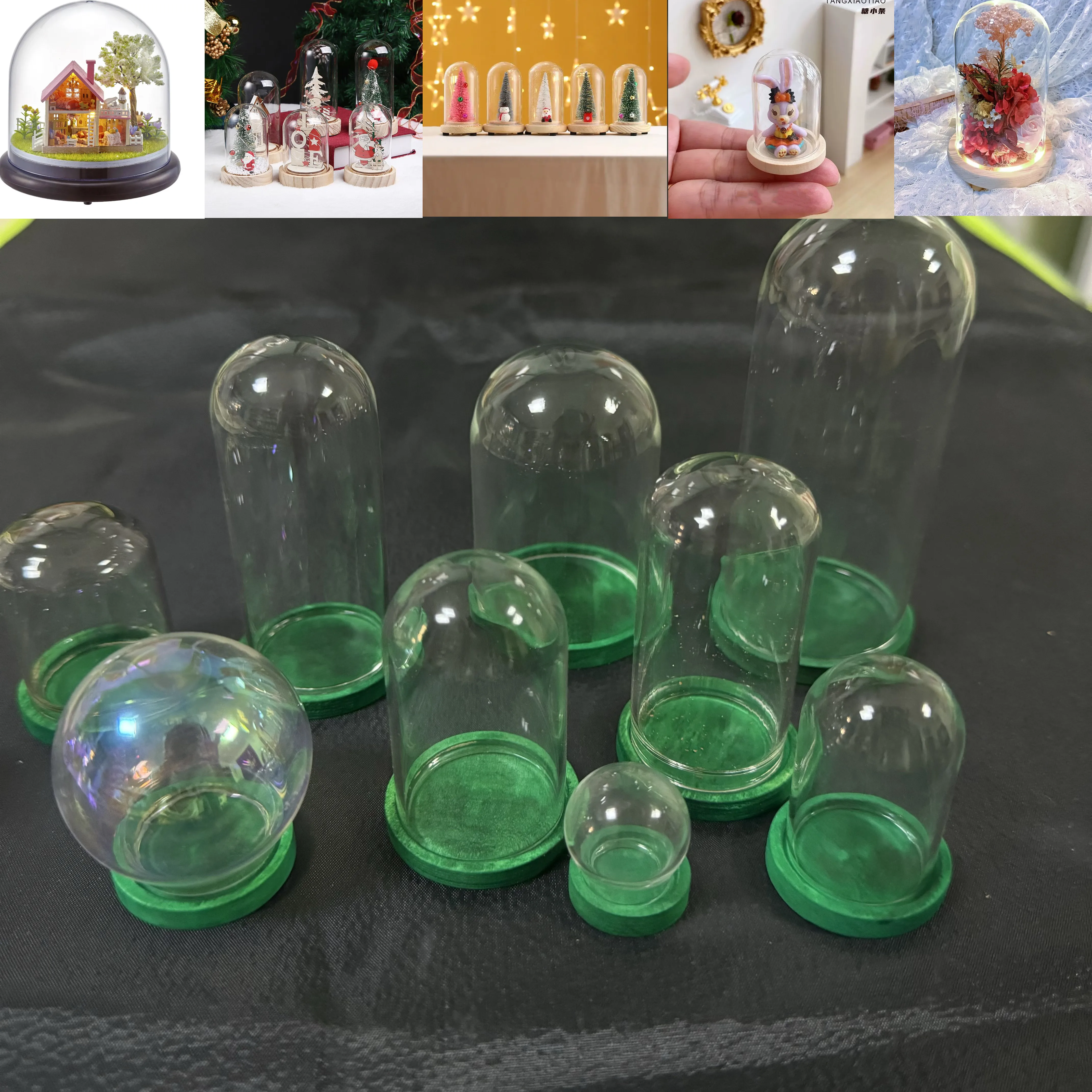 30X Mini Glass Cloche Dome Container With Green Base Terrarium DIY Glass Display Domes For Decor Tabletop Garden Wedding Office 2