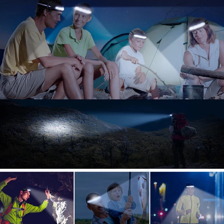 높은 전원 LED COB 충전식 전조등 4 조명 모드 낚시 캠핑을위한 빨간색과 흰색 듀얼 라이트 휴대용 방수 토치