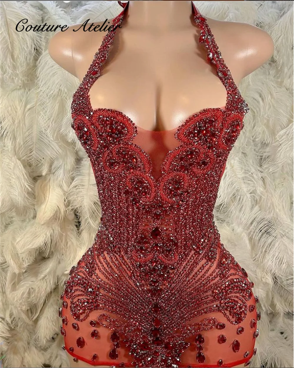 

Sparkly Red Diamonds Prom Dress 2024 Halter Crystals Rhinestone Beads Birthday Party African Cocktail Homecoming Gowns Robe