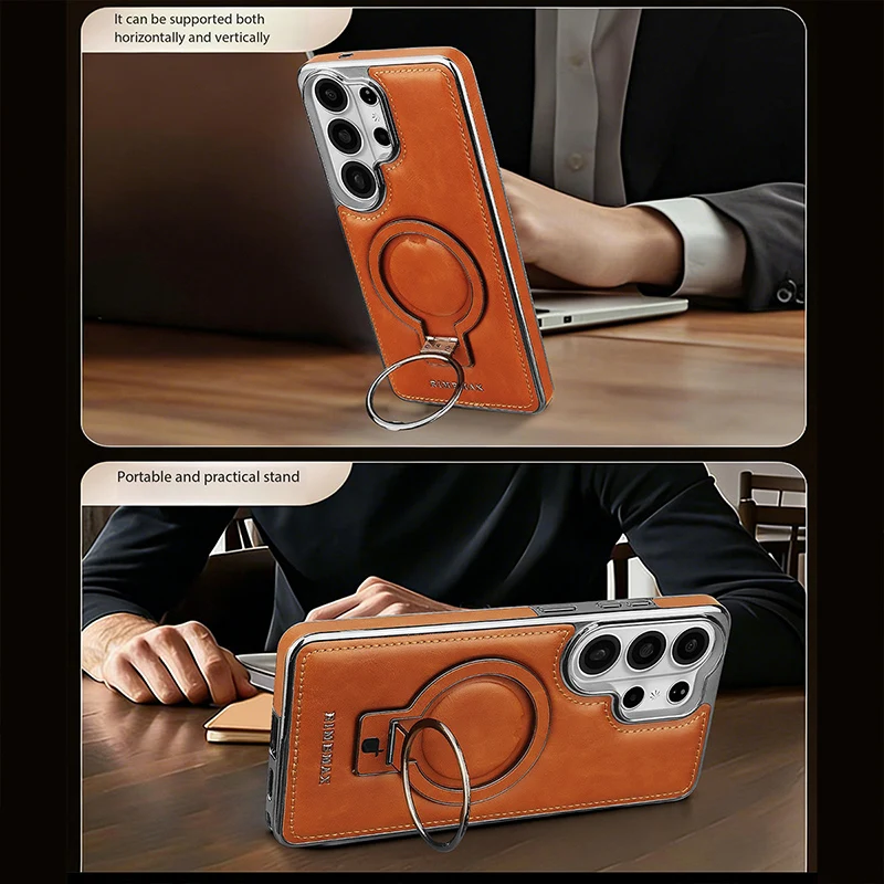 Premium Rotating Bracket Leather Case with Magnetic Wireless Charging and Shockproof Protection